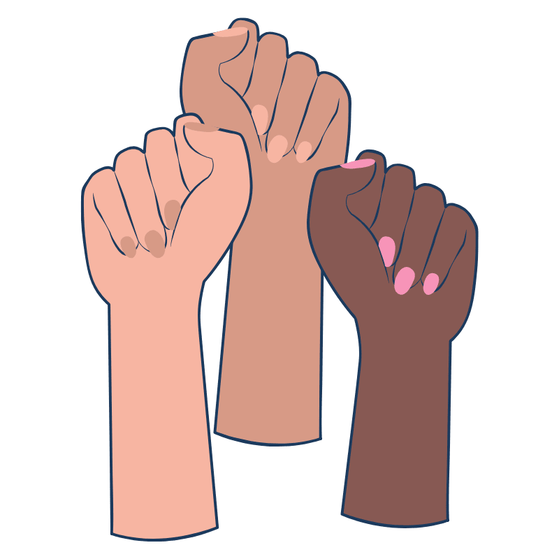 Illustration of three hands with closed fists.